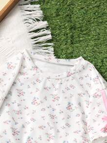 SHEIN 女童碎花蝴蝶结针织上衣和裤子两件套休闲套装，春夏款 - 白色 - 查看 7