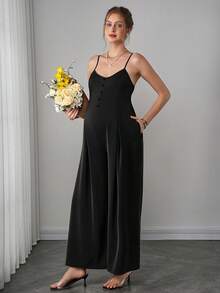 SHEIN Bộ áo liền quần cho bà bầu thanh lịch, trang nhã, cài cúc, dây mảnh, xếp ly, ống rộng, thích hợp cho mùa xuân/hè. - màu đen - Xem 4