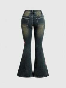 ROMWE Fairycore 女士复古Y2K性感蝴蝶藤蔓刺绣水钻喇叭牛仔裤 - 藍色 - 查看 2