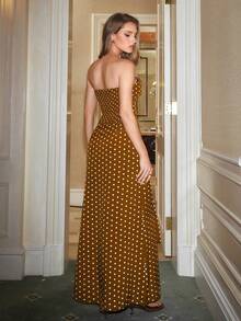 NOVVYNE 2 Stücke französischer Retro eleganter Polka Dot trägerloses Crop Top und A-Linien Rock Set für Damen, Sommer - Braun - Übersicht 2