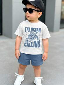 SHEIN 2pcs/Set Baby Boy/Girl Funny Sea Turtle Animal Print Round Neck Knit Top T-Shirt And Shorts,Blue White Stripe,Summer,Casual,Beach,Holiday 2-Piece Set - Blue - View 3