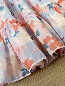 SHEIN Playful Pals 女婴时尚休闲碎花蝴蝶结装饰蛋糕裙，适合春、夏、秋季、居家、度假、节日、派对、日常穿着 - 彩色 - 查看 3