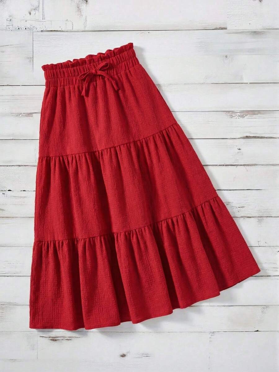SHEIN Chica preadolescente Falda con nudo de cintura elástica a capas bajo con fruncido - Rojo - Ver 1