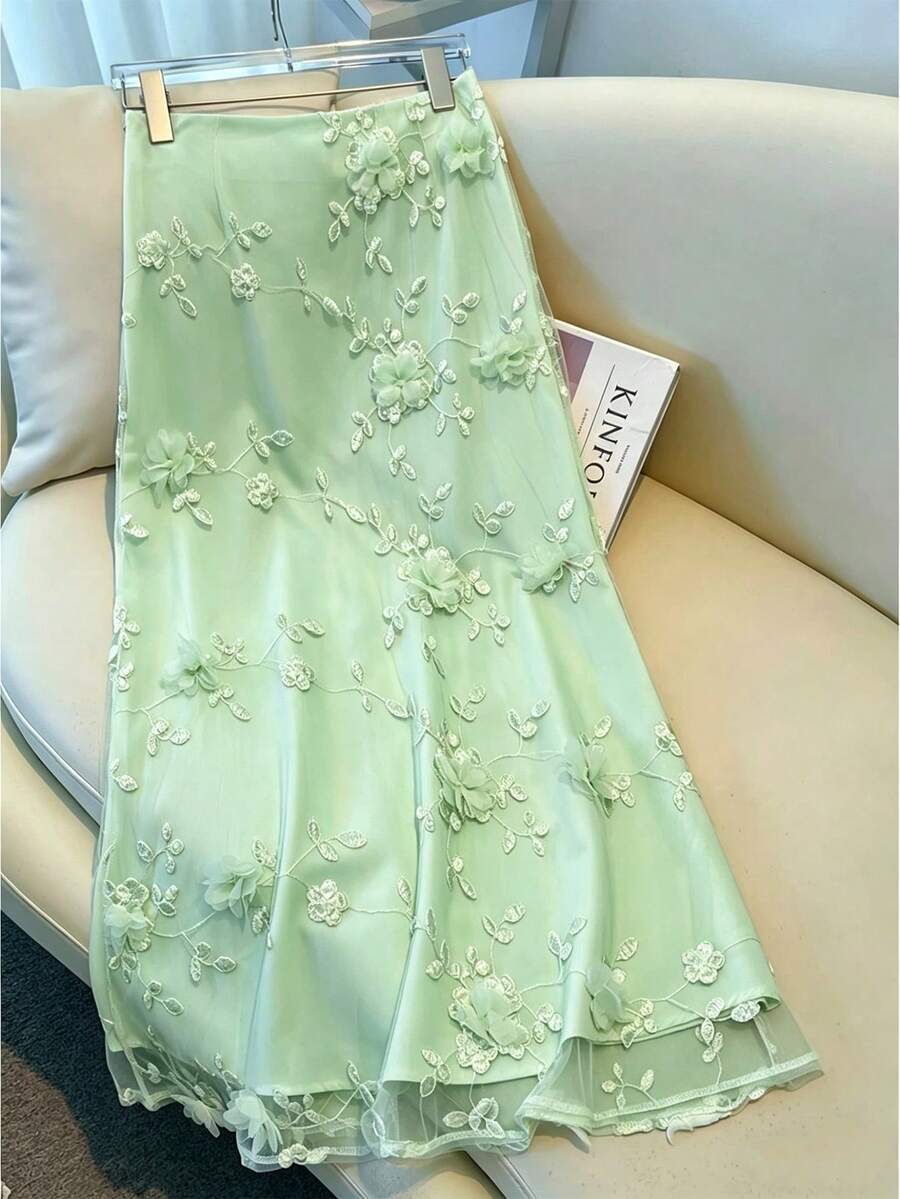 GlowEve 女士优雅刺绣网纱拼接鱼尾裙 - 綠色 - 查看 1