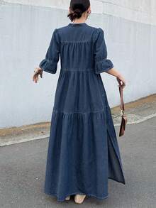 FRIFUL Đầm denim nữ dáng suông, cổ chữ V, eo thắt, thích hợp cho kỳ nghỉ hè và đi làm. - Màu xanh lam - Xem 2