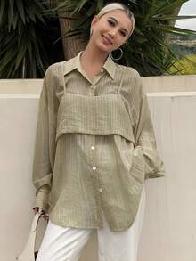Livesso Áo sơ mi nữ dáng rộng kẻ sọc, kiểu dáng thường ngày, hàng mới về cho mùa thu. - Màu Khaki - Xem 5