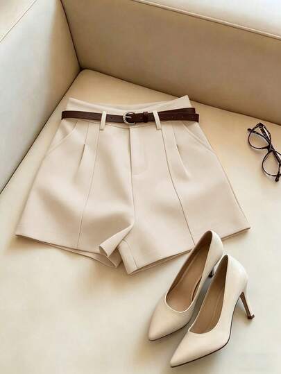 Franclia Pantalones cortos de mujer de estilo francés, sencillos y de moda, tejidos en color albaricoque sólido, de estilo casual y para ir al trabajo, con cinturón; de corte retro, cintura alta, silueta evasé y pernera ancha; pantalones cortos elegantes para mujer; pantalones cortos casuales para mujer; elegantes; pantalones de verano para mujer; pantalones casuales; pantalones cortos color albaricoque; pantalones cortos de verano