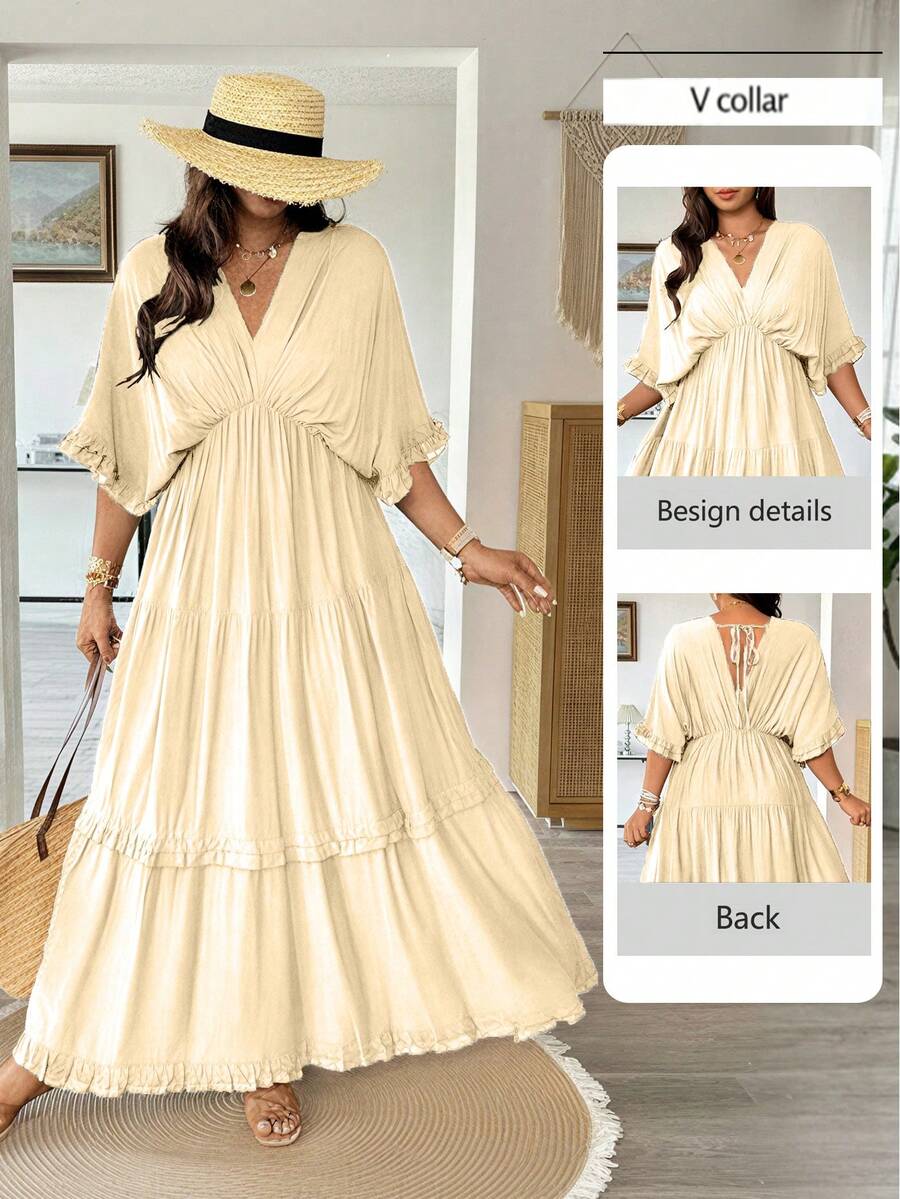 Vionelle Đầm dáng suông kiểu Pháp màu trơn lãng mạn với viền bèo nhún, cỡ lớn, thích hợp cho mùa xuân/hè. - Vàng nhạt - Xem 1