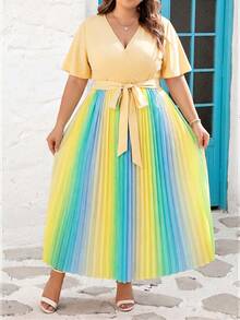 SHEIN CURVE+ Curve 尺码 US22 音乐节、海滨度假、波西米亚风女士彩虹褶皱V领灯笼袖系带背心毕业礼服婚礼宾客礼服女士学位模拟礼服女士沙滩裙女士假日太阳裙生日礼服女士骄傲节女士礼服优雅礼服女士休闲礼服女士生日礼服女士夏季礼服女士夏季礼服 - 彩色 - 查看 6