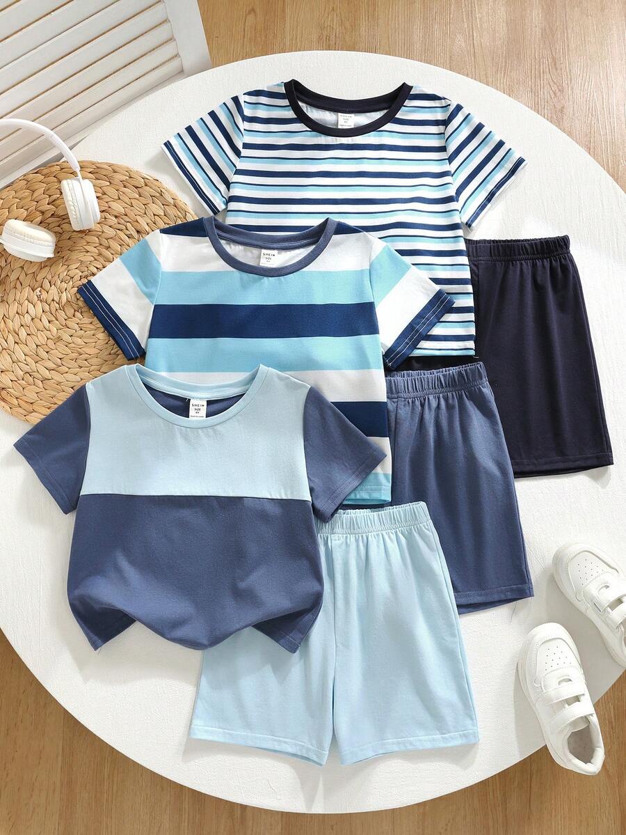 SHEIN Bộ 6 món quần áo hè cho bé trai, kiểu dáng thoải mái, cổ tròn, tay ngắn, gồm áo thun kẻ sọc và quần short trang trí, bộ đồ nhiều món tiết kiệm chi phí, phù hợp cho hoạt động ngoài trời, chụp ảnh đường phố, dự tiệc và thư giãn tại nhà.