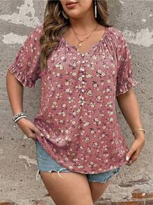 Ceyna Camicia estiva casual a maniche corte con stampa floreale minimalista francese, taglie comode - Rosa antico - Visualizzare 3
