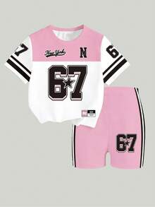 春夏女童休闲时尚创意个性清新简约时尚67徽章五角星条纹粉黑撞色图案字母标语印花休闲基础款短T恤和骑行短裤套装，舒适温暖的夏秋风格，适合春、夏、秋季日常运动穿搭。 - 彩色 - 查看 3