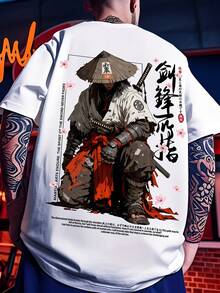 Manfinity Dauomo 即使身处逆境，剑指之处，前路平坦。男士美式休闲运动街头风日式水墨画风格武士印花短袖T恤。 - 白色 - 查看 1