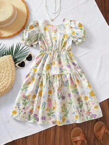 SHEIN This Is A Dress For Tween Girls, Made Of Woven Jacquard Fabric. It's A Short-Sleeved, Backless Dress With A Deep V-Neck And Decorative Butterfly Motifs. The Dress Has An A-Line Silhouette, Making It An Elegant And Ladylike Garment Perfect For Girls To Wear To Parties And Gatherings In The Summer. - Yellow - View 6