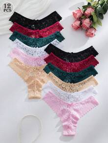 SHEIN 12pcs/Set Romantic Sexy Lace Women's Thong Panties, Multicolor - Multicolor - View 2