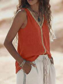 V-Neck Casual Comfortable Vacation Countryside Relaxed Soft Texture Women Vest Top - Orange - View 6