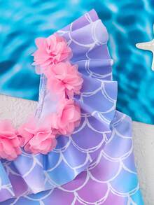 SHEIN Young Girl Mermaid Scale Print 3D Floral Decor Asymmetric Neck One-Piece Swimsuit - Multicolor - View 3