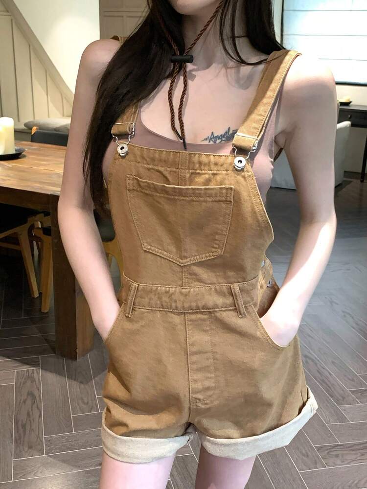 Vintage Washed Khaki Music Festival Valentine's Day Casual Street Outdoor Shorts, Denim Overalls For Women, Spring & Summer