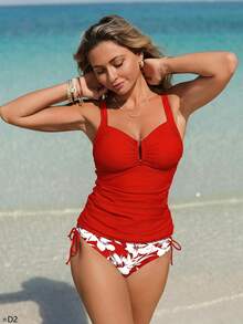 Swim Lushoire Women Two Pieces Tankini Swimwear,Red Floral,Summer,Casual,Holiday,Vacation,Holiday,U-Shaped Ruched Bust Tummy Control Bathing Suit 2pcs Outfits Set - Red - View 3