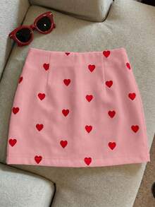 Franclia Rok Model Korea Pinggang Rendah A-Line Modis Terbaru dengan Motif Hati dan Resleting untuk Wanita - Berwarna merah muda - View 4