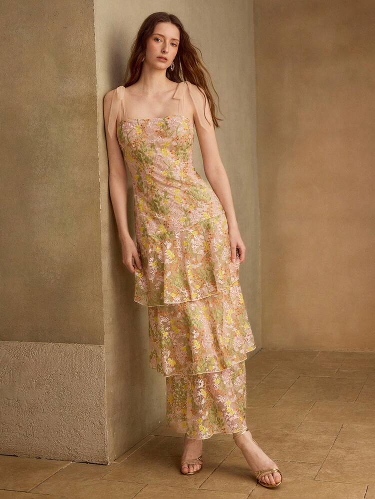 ELEGANT EMBROIDERED MESH TIE SHOULDER RUFFLE HEM DRESS, VACATION STYLE