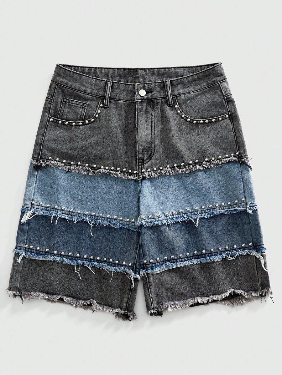 ROMWE MEN Quần short denim nam mùa hè, phong cách thường ngày, năng động, phối màu tương phản, rách tua rua, trang trí đinh tán. - Nhiều màu - Xem 1