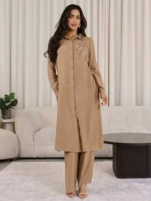 Al Najma Women's Casual Daily Rhinestone Decor Floral Embroidery Button Front Shirt And Pants Set - Khaki - View 4