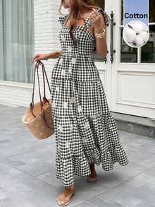Serisse Women's Casual Plaid Daisy Embroidered Dress, Summer, Gigham Dress For Woman, Black And White Dress, Daisy DressWomen's Summer Cotton Gingham Floral Print Square Neck Ruffle Strap Tiered Maxi Dress Casual Vacation Country Style,Cottagecore Black And White Plaid Daisy Ruffle Strap Dress Women's Spring Summer Casual Beach Vacation Long Dress,Women's Casual Cotton Plaid Floral Dress Square Neck Ruffle Tiered Summer Sundress,Summer,Casual,Floral,Ruffle,Country,Black/White,Holiday Outfits For Women ,Summer Holiday Outfits ,Casual Suit, Suitable For Everyday Wear. - Black and White - View 9