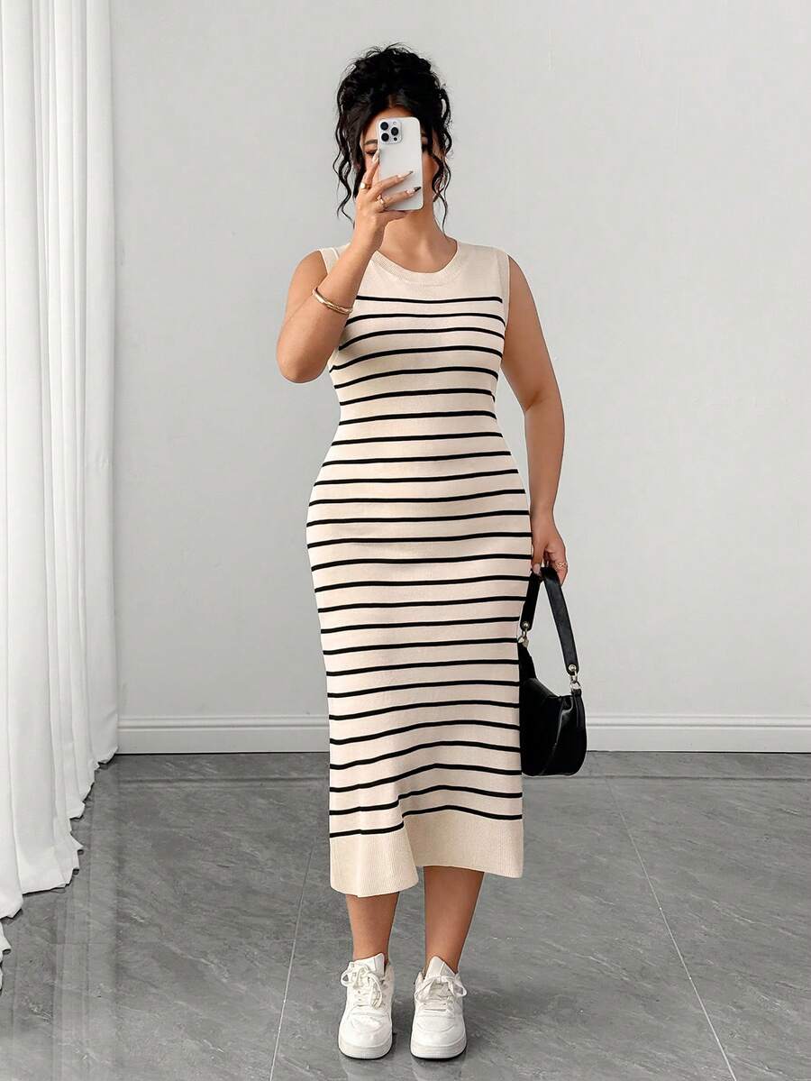 Elenzga Elegantes ärmelloses Pulloverkleid in Große Größen mit Streifenmuster - Aprikosenfarben - Übersicht 1