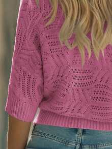 EMERY ROSE Suéter casual de mujer de cuello redondo, manga raglán, puños y bajo acanalados, con patrón calado, de ajuste holgado, nueva llegada para todas las temporadas - Rojo violeta - Ver 6