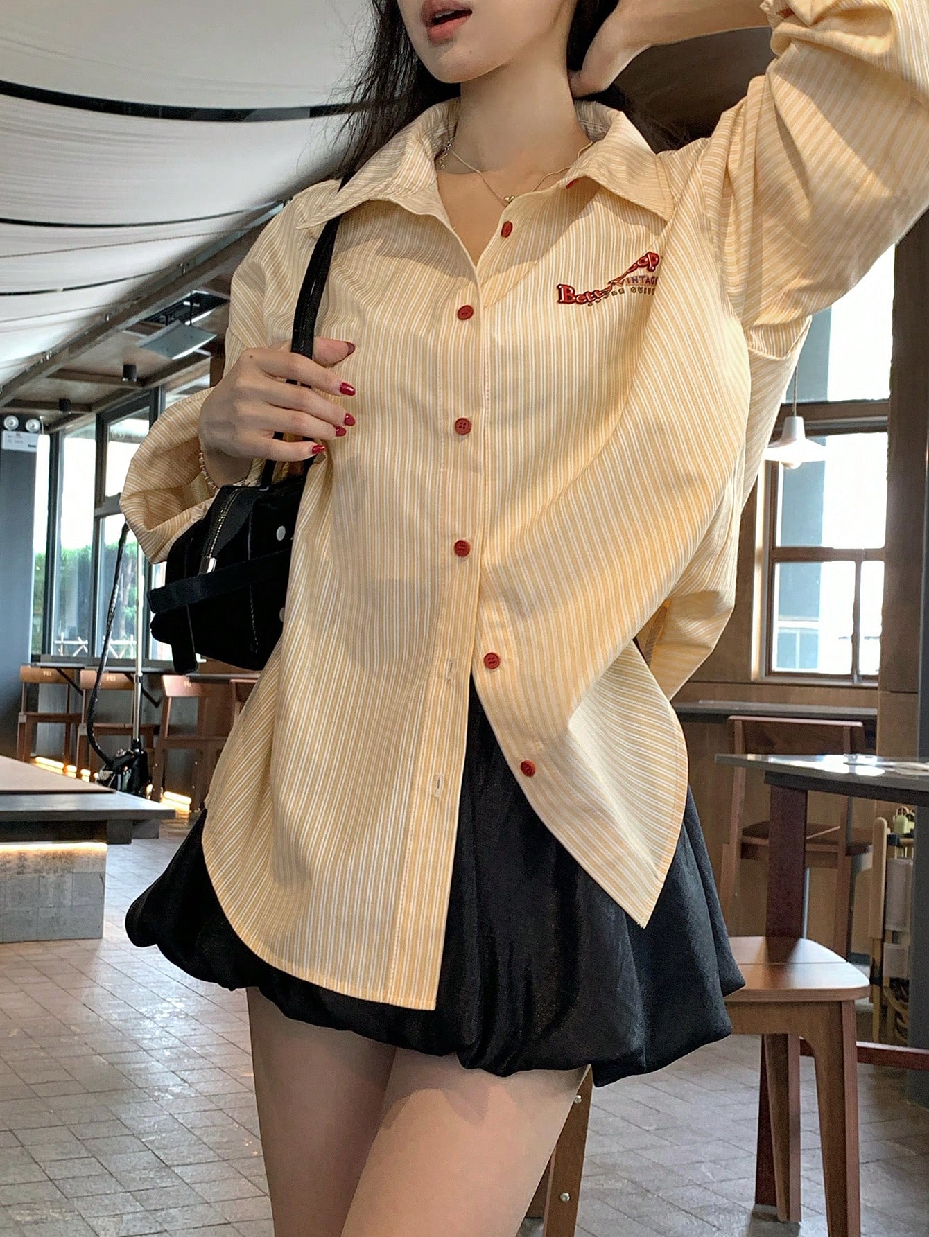 Women's Casual Striped Letter Print Front Button Down Long Sleeve Shirt, Spring