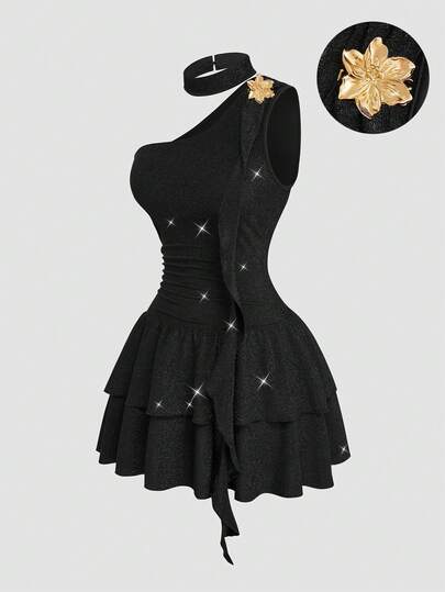 Sweetra Plus Size Sleeveless Slip Dress With Metal Buckle Decor, Shiny Black, Short, Waist Cinched, Slim Fit, Casual Summer Dress With Multi-Layered Ruffle Hem, Fashion Plus Size Slim Short Dress