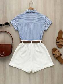 Franclia Conjunto de 2 piezas para mujer con bloqueo de color, cuello a rayas, cintura plisada y mangas cortas - Azul - Ver 2