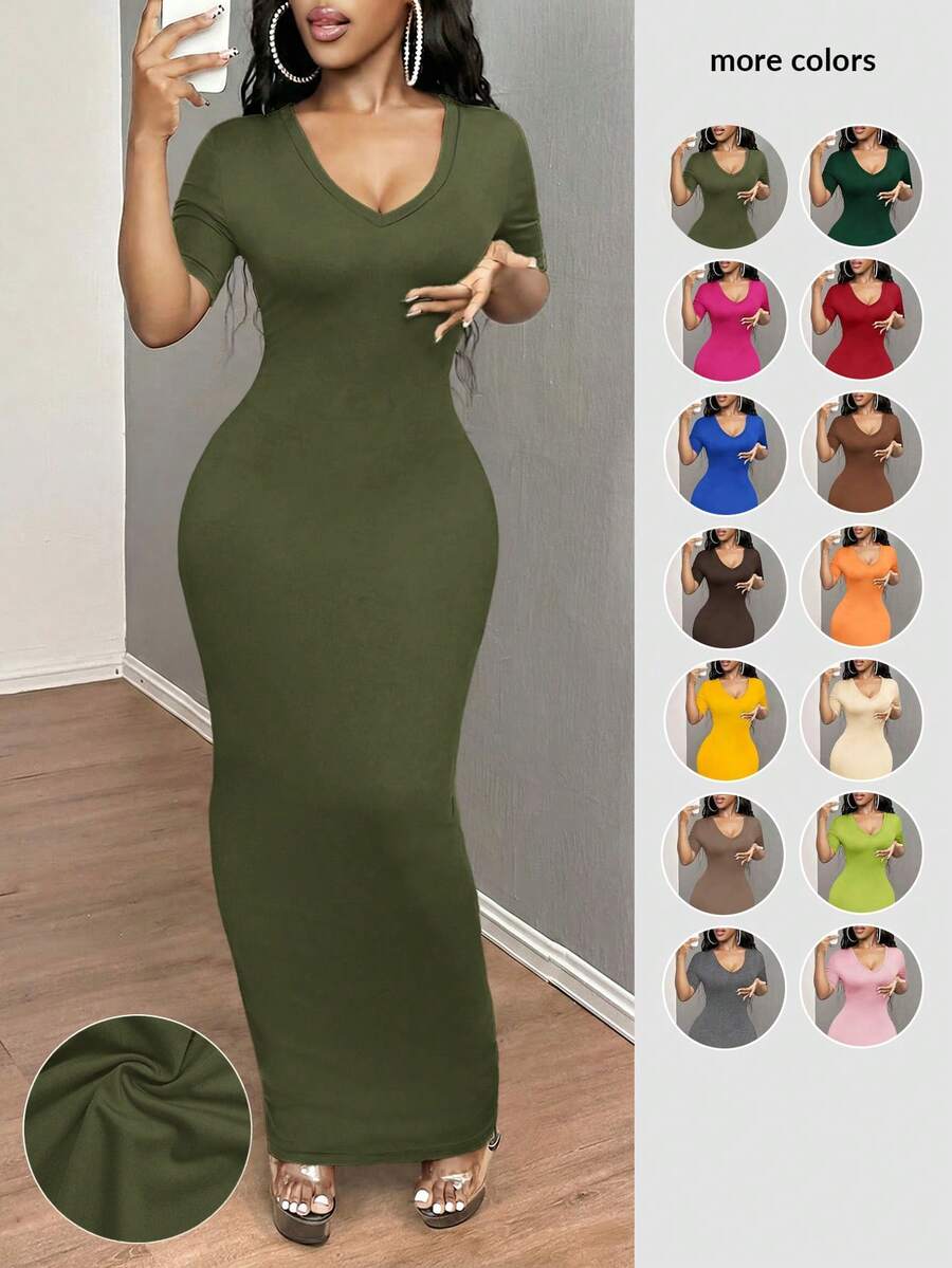 SHEIN SXY 女士纯色V领修身短袖连衣裙 Hoco连衣裙 - 綠色 - 查看 1