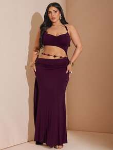 SHEIN BAE Plus Size Deep Chestnut Red Beaded Halter Bodycon Dress, Elegant Party Dress For Plus Size Women,Dark Purple,Summer,Girlism,Night Out Club,Curve - Rusty Rose - View 1