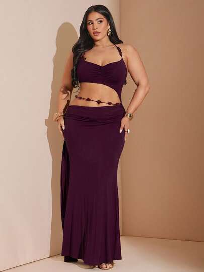 SHEIN BAE Plus Size  Deep Chestnut Red Beaded Halter Bodycon Dress, Sexy Elegant Party Dress For Plus Size Women, Spring/Summer,Summer Outfits,Festival Outfits For Women,Mother's Day ,Elegant,Party,Beach Outfit For Women,Graduation,Vacation Outfits Women,Holiday Outfits For Women,Y2k,Plus Size ,Curve,Birthday Outfit,Commuting, Dating, Afternoon Tea, Back-To-School Season, Music Festival