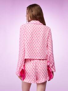 Notgurli Conjunto de pijama de mujer con estampado de corazón y lazo, ropa de otoño e invierno - Rosa - Ver 2