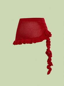 Sweetness Plus Size Asymmetric Hem Beach Knit Cover-Up Skirt, Spring - Red - View 1