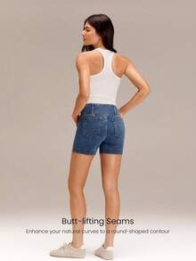 GLOWMODE 4.3英寸 Jeanius Moves 弹力透气提臀牛仔骑行短裤，带口袋，适合夏季度假日常休闲穿着 - 藍色 - 查看 3