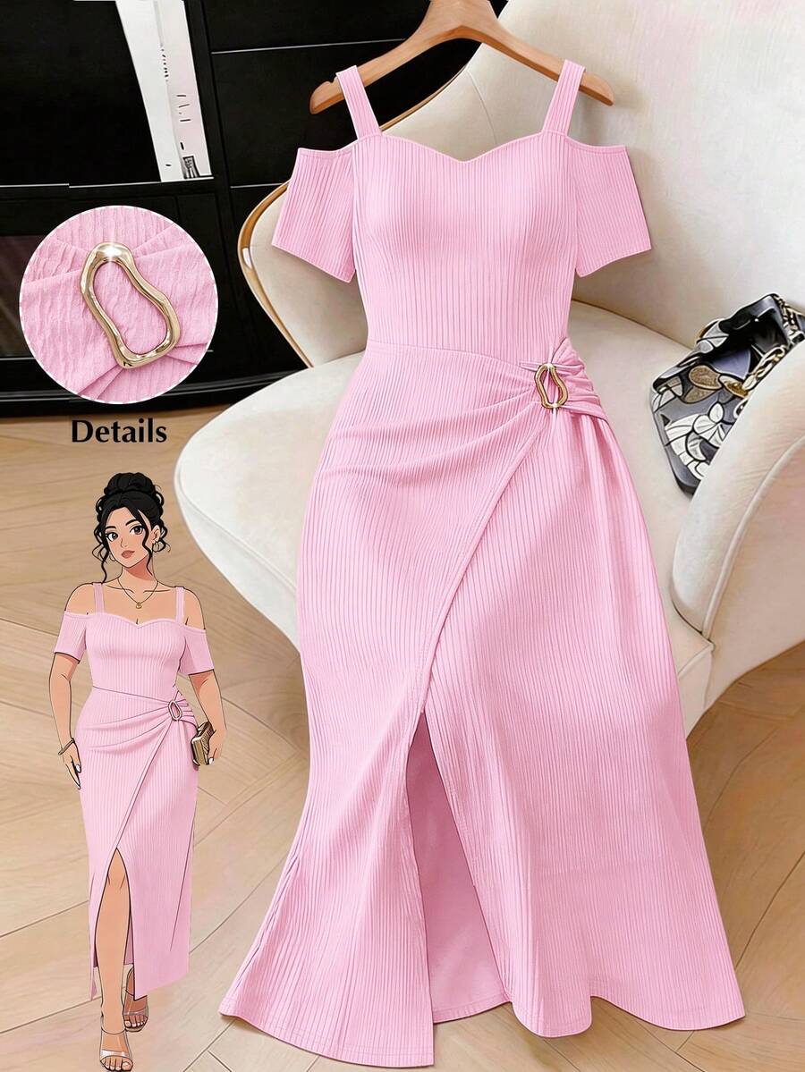 SHEIN Elenzya Plus Size Women's Fashionable Elegant Off-Shoulder Split Dress - Pink - View 1