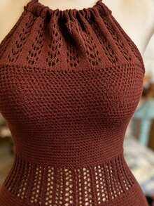 SHEIN LUNE Vestido de punto de malla con escote halter y espalda descubierta, unicolor, de moda para mujer en verano - Óxido marrón - Ver 5