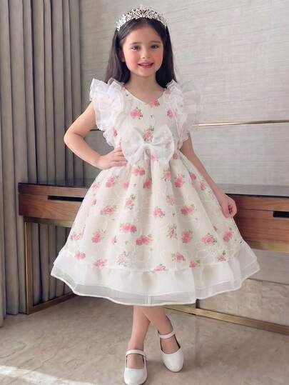Souflis Souflis 1 chiếc đầm hè mới cho bé gái, chất liệu vải dệt thêu hoa, màu hồng nhạt, cổ chữ V nhỏ, khóa kéo sau, gấu đầm xếp ly, nơ đính cườm phía trước, kiểu dáng ngọt ngào, thoải mái, thích hợp cho hoạt động ngoài trời, dự tiệc, sinh nhật.