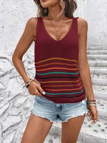 SHEIN LUNE Women's Fashion Casual Colorful Striped V-Neck Sweater Vest - Red - View 3