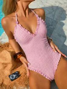 SHEIN Swim Mod 女童特制粉色蕾丝吊带连体泳衣 - 彩色 - 查看 8