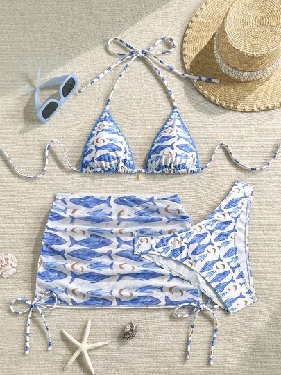 Soleia 三件套印花比基尼，分体式泳衣，适合海滩和水疗度假