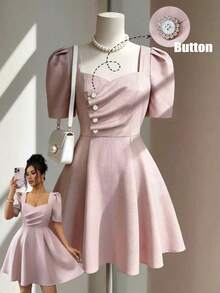 Đầm mini dáng chữ A màu hồng pastel với cúc pha lê, vạt bất đối xứng, thiết kế Pháp thanh lịch, đa năng cho kỳ nghỉ và đi làm. - Hồng - Xem 3