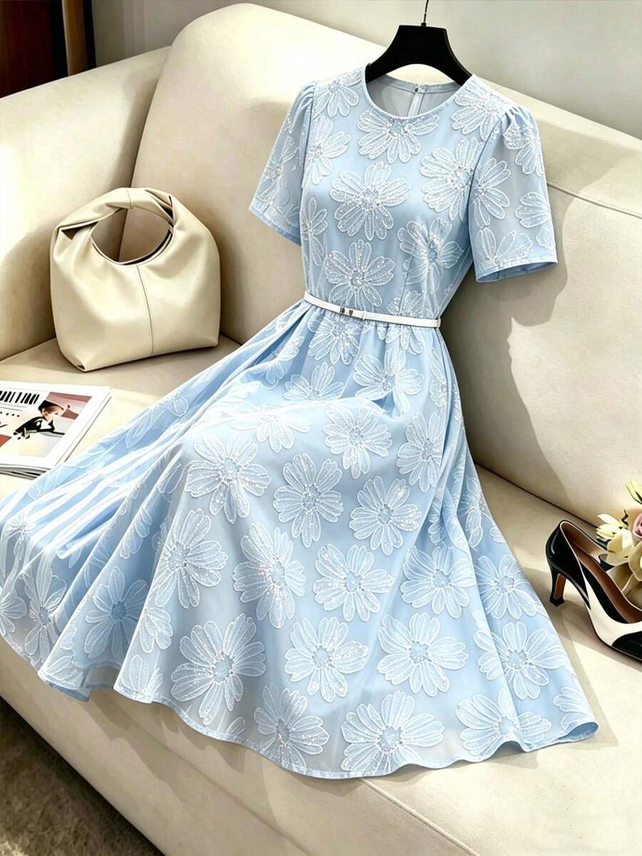 GlowEve Elegant Sexy Sequin Floral Mesh Short Sleeve Dress Summer Golf White - Blue - View 1
