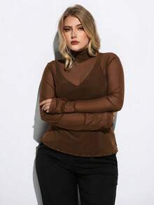 Maija Plus Size Women's High Neck Long Sleeve Sheer Blouse,Chocolate Brown Autumn Classy Night Out Club,Fitted Business Casual Mesh Top Mother's Day Outfit - Brown - View 3