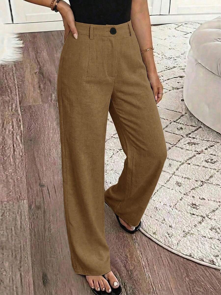 SHEIN PariChic Quần nữ dáng rộng, màu trơn, chất liệu vải có họa tiết, thích hợp mặc đi nghỉ mát. - Màu Khaki - Xem 1