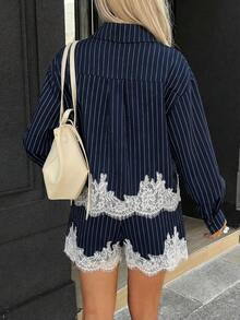 Siren Gaze Set Kemeja Pendek dan Celana Pendek Bergaris, Set 2 Potong Wanita Berhiaskan Renda, Set Celana Pendek, Set Kemeja - Navy Blue - View 2